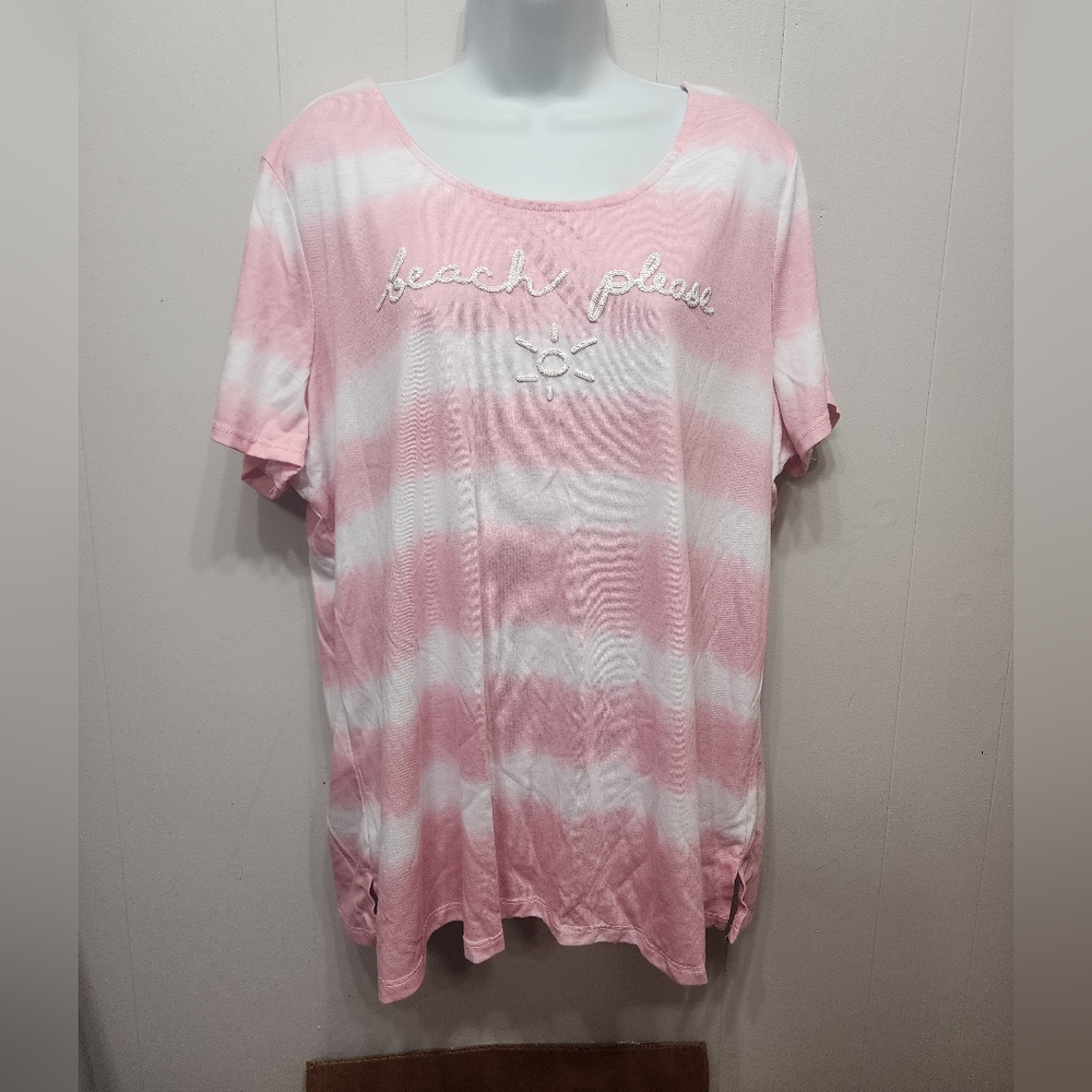 Lane Bryant Top 18 / 20 Beach Please Pink White Short Sleeve‎ Striped Plus B773